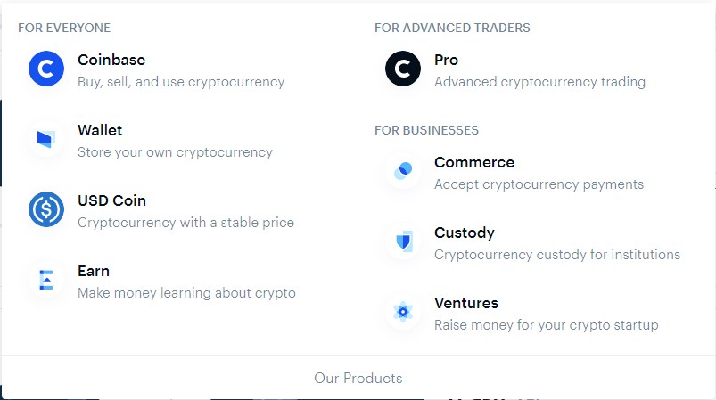 Productos Coinbase disponibles dentro de la plataforma